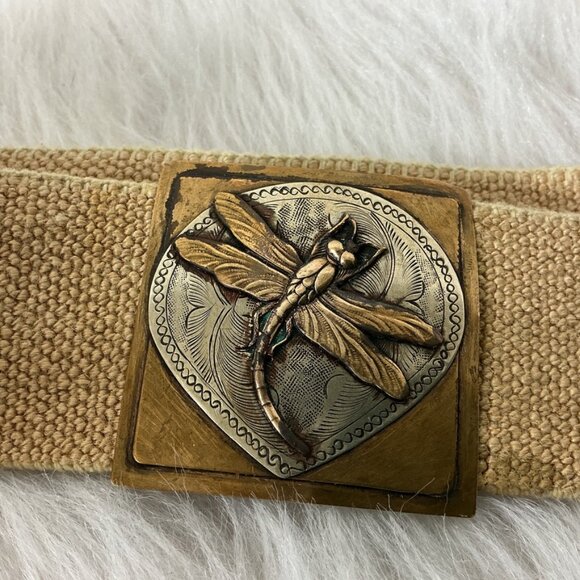 Vintage Brass, Pewter Tone Etched Dragonfly Belt Buckle & Stretchy Tan Belt - Picture 1 of 4